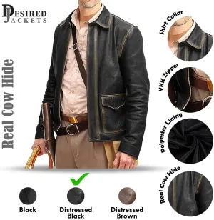Men's Raiders of The Lost Harrison Jones Vintage Brown Bomber Leather Jacket Genuine Cowhide Distressed Leather Jacket