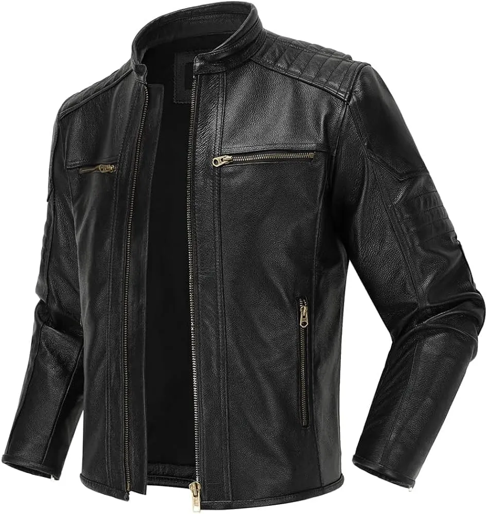 Men's Real Cowhide Biker Cafe Racer Slim Fit Vintage Leather Jacket