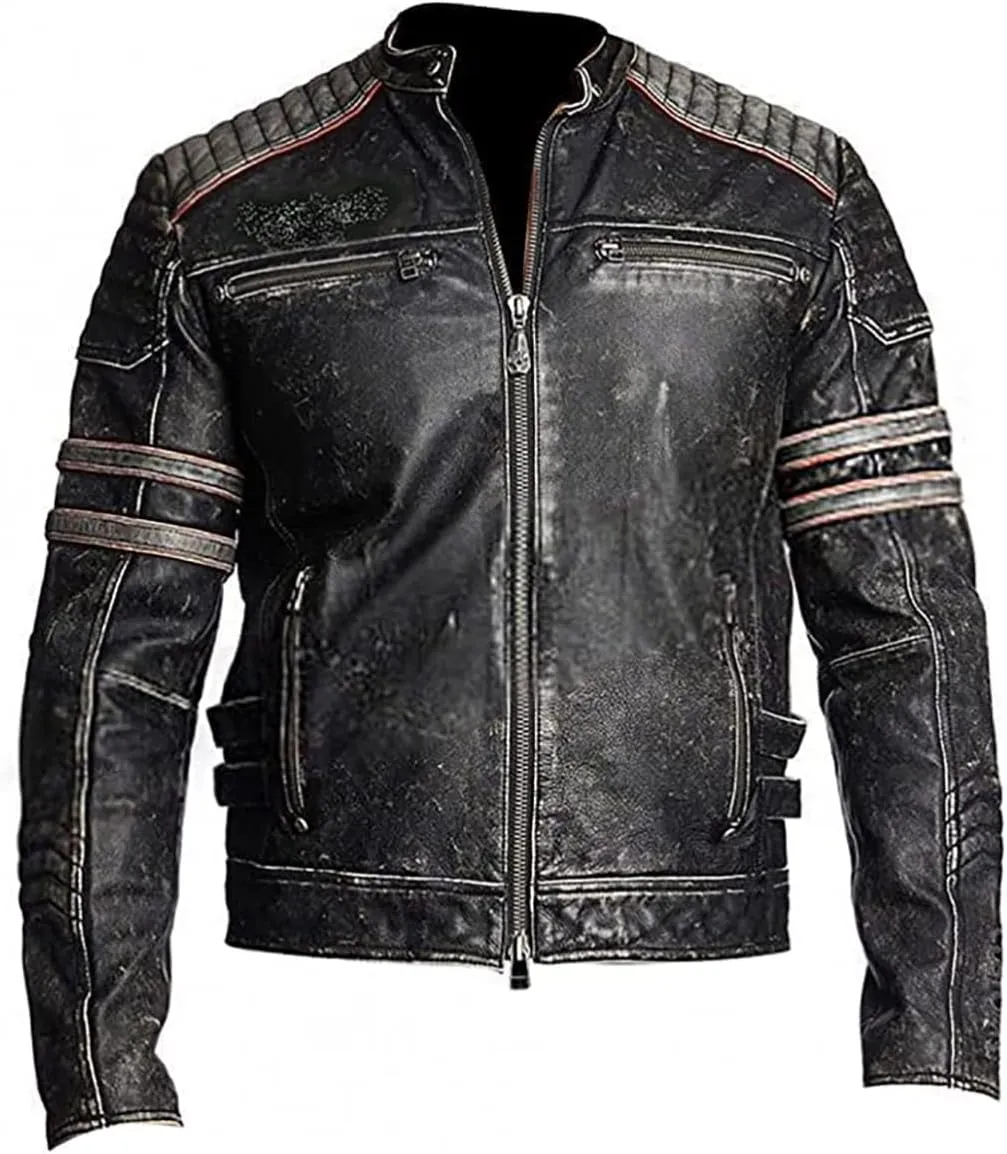 Men's Real Cowhide Biker Cafe Racer Slim Fit Vintage Leather Jacket