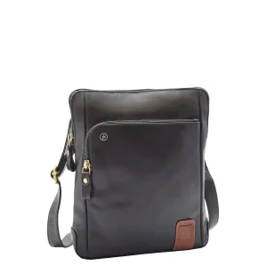 Mens Real Leather Bag Crossbody Messenger Casual Multi Pockets Flight Bag Ronnie Black