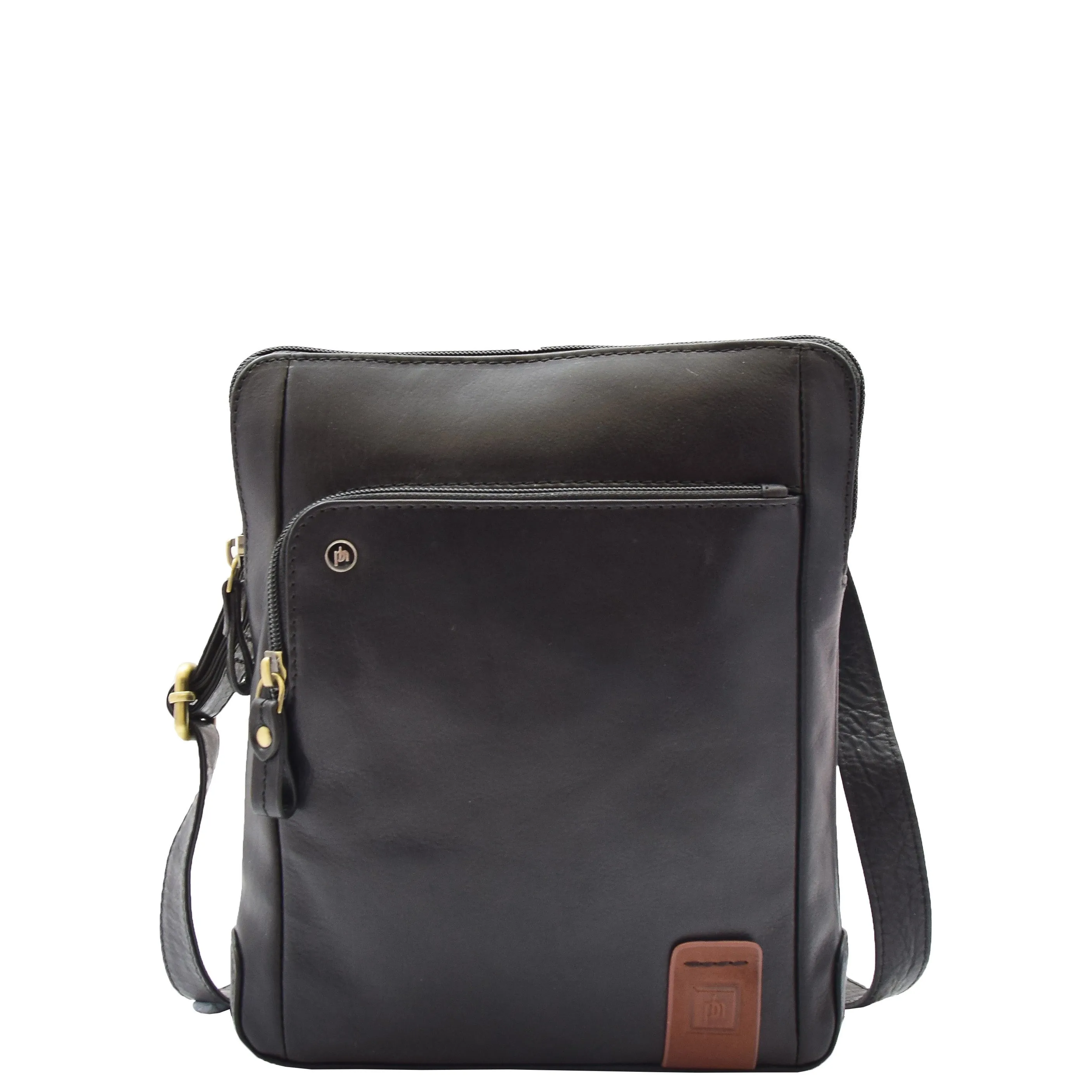 Mens Real Leather Bag Crossbody Messenger Casual Multi Pockets Flight Bag Ronnie Black