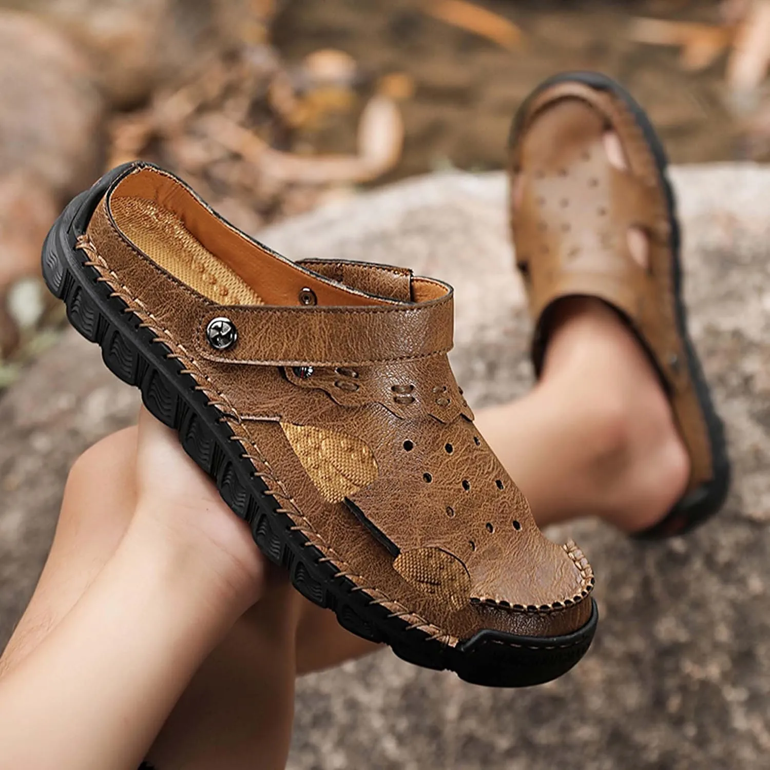 Men's Sport Sandals Adjustable Two Wear Clogs Slippers Breathable Quick Dry Swimming Pool Fisherman Beach Shoes Arch Support Garden Shoes