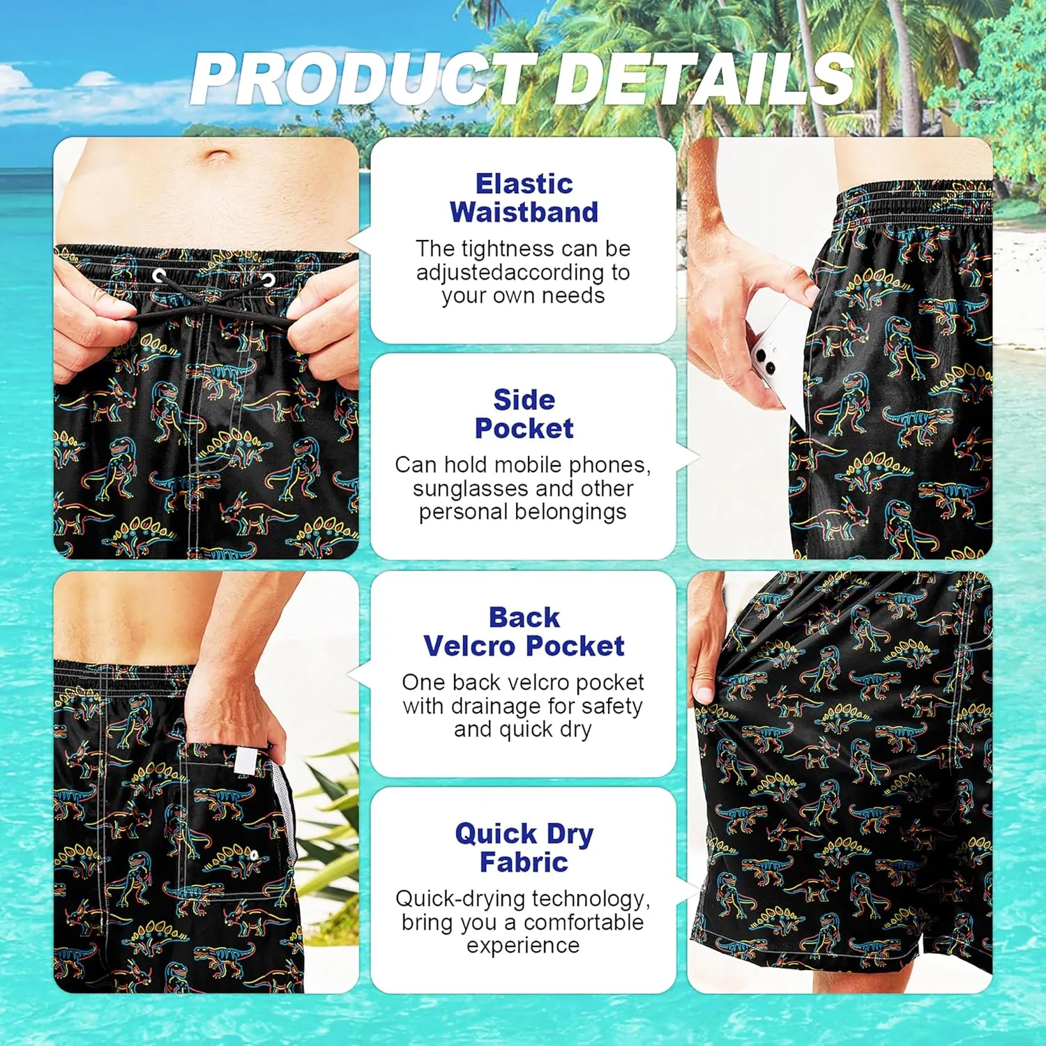 Mens Swim Trunks Quick Dry Board Shorts with Mesh Lining, Breathable Fit Hawaii Beach Shorts Swimwear Bathing Suits