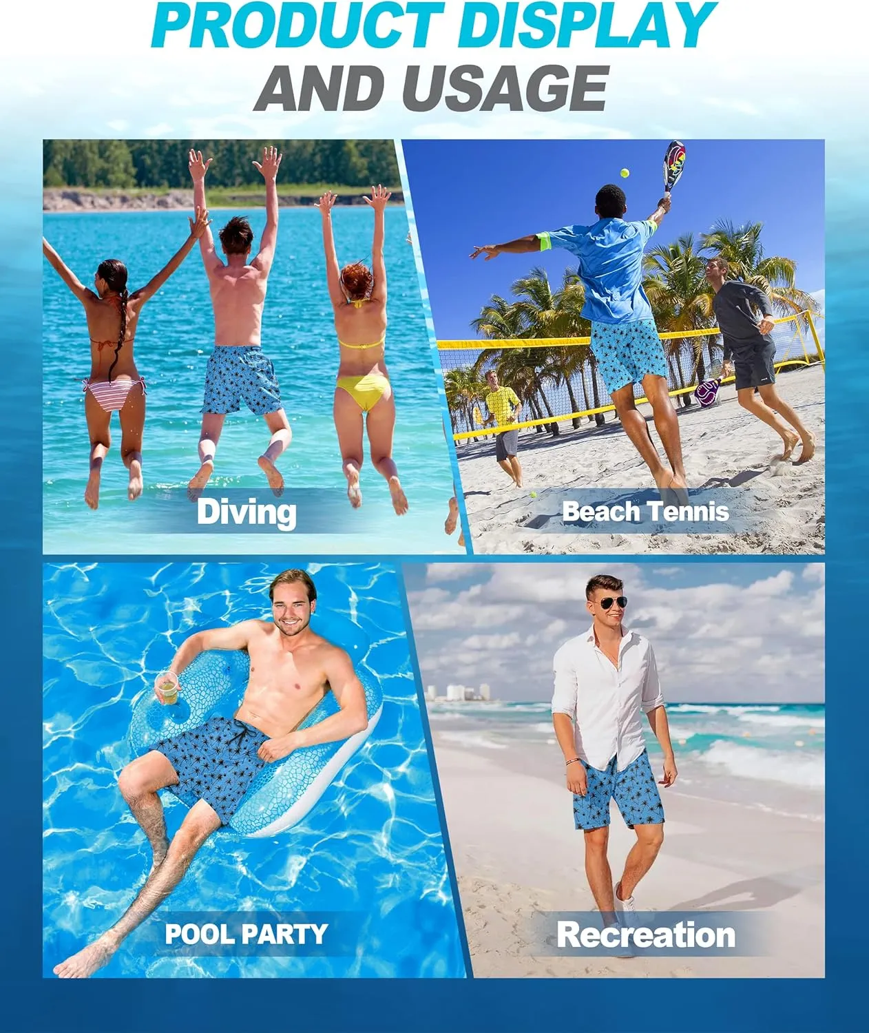 Mens Swim Trunks Quick Dry Board Shorts with Mesh Lining, Breathable Surf Beach Shorts Swimwear Bathing Suits
