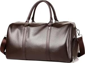 Men's Travel Duffel Bags Classic PU Leather Large Capacity Carry on Weekend Handbag with Shoes Compartment (Brown)