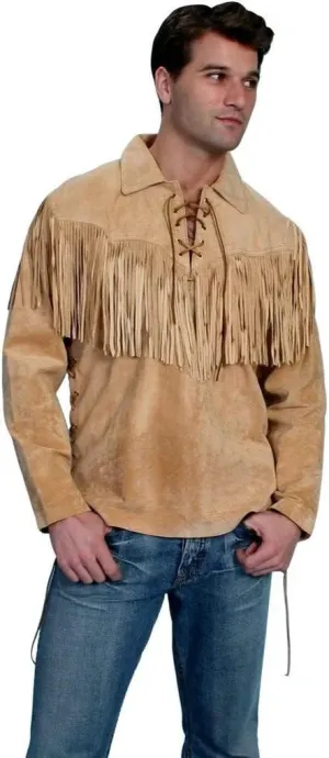 Men's Western Cowboy Suede Leather Shirt | Native American Shirts with Fringes| Vintage Lace-Up Pullover Shirt