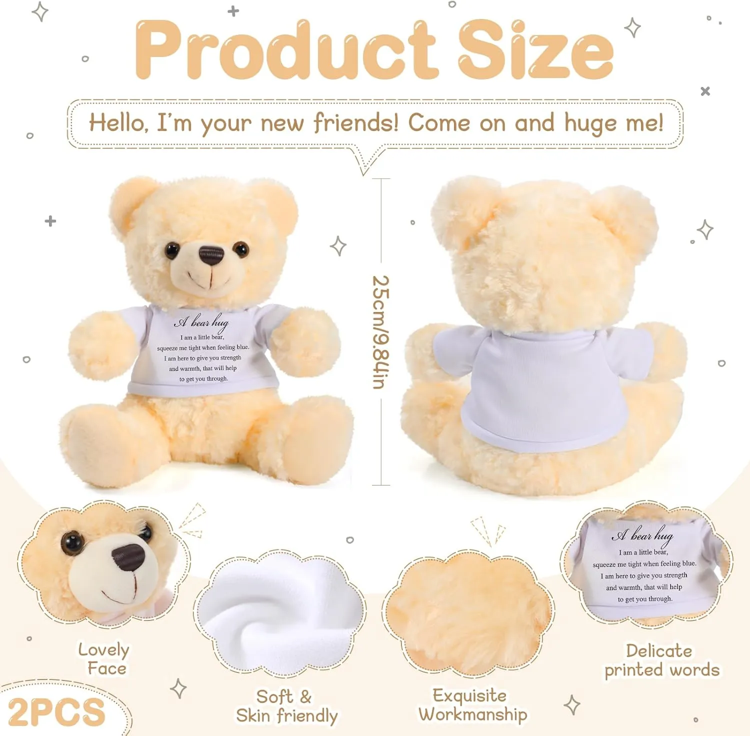 Meooeck 2 Pcs Little Bear Plush Stuffed Animal Sympathy Gifts Memory Bear with Hug Sign Funeral Gift for Kids Bereavement Comfort Child Loss of Loved One(Beige, White)