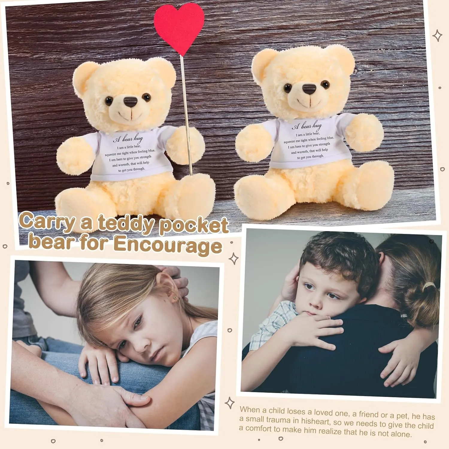 Meooeck 2 Pcs Little Bear Plush Stuffed Animal Sympathy Gifts Memory Bear with Hug Sign Funeral Gift for Kids Bereavement Comfort Child Loss of Loved One(Beige, White)