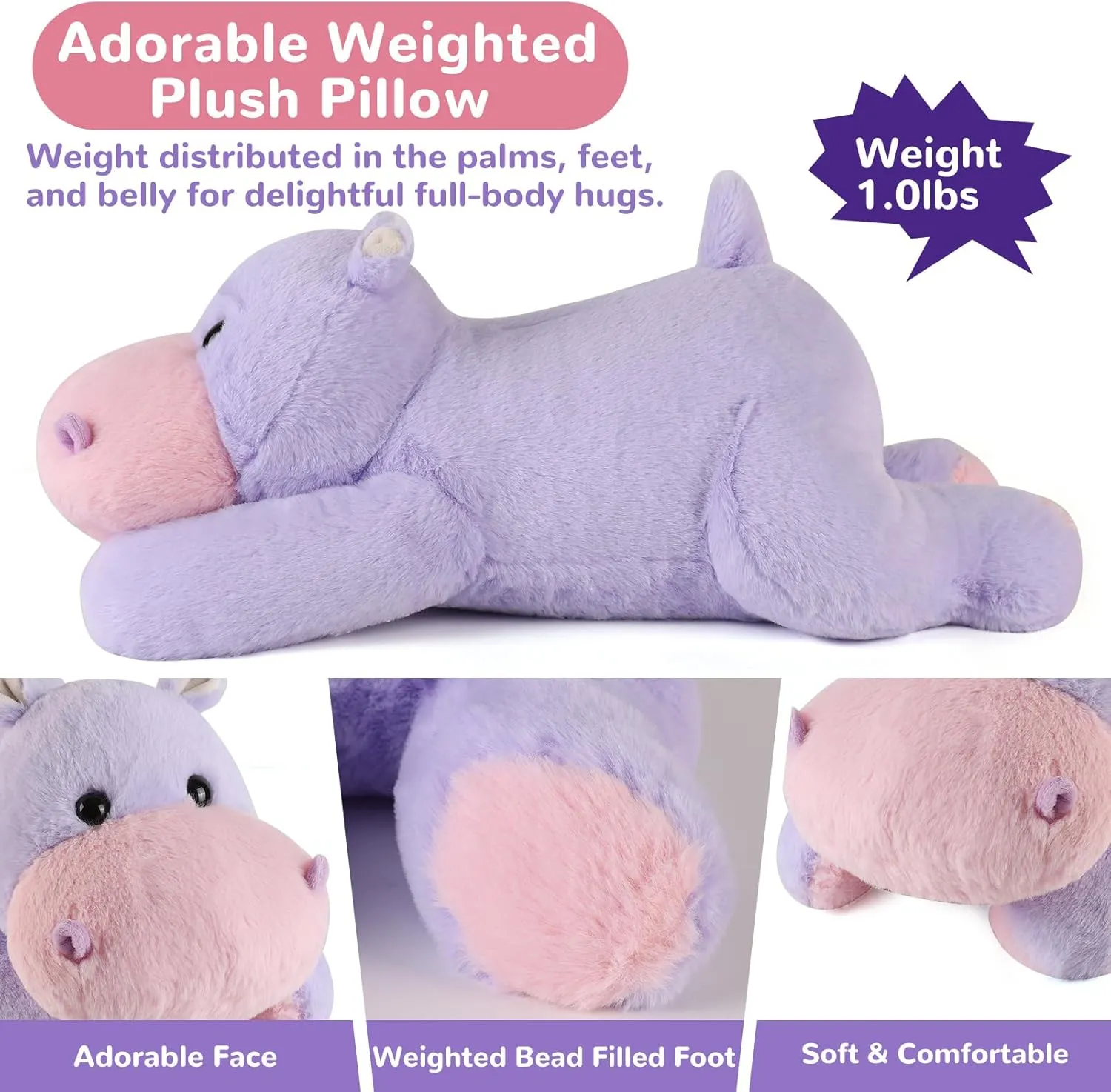 meowtastic Hippo Weighted Stuffed Animals - 12 Inch 1.0 Pounds Weighted Plush Hippo Stuffed Animals - Small Toys Pillow - Cute Plush Toys Gifts for Kids & Adults (12" 1.0 lbs)