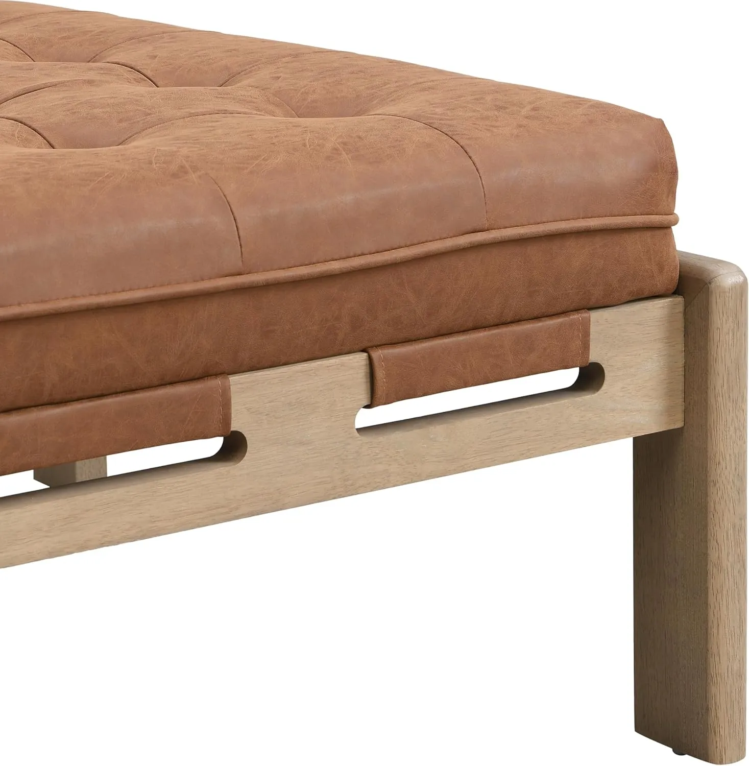 Merax 34'' Tufted Upholstered Cocktail Ottoman, Square Leather Ottoman Coffee Table, PU Leather Ottoman for Living Room, Bedroom, Office,Reddish Brown