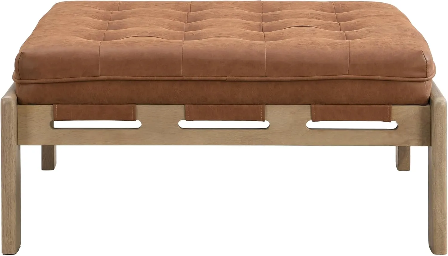 Merax 34'' Tufted Upholstered Cocktail Ottoman, Square Leather Ottoman Coffee Table, PU Leather Ottoman for Living Room, Bedroom, Office,Reddish Brown