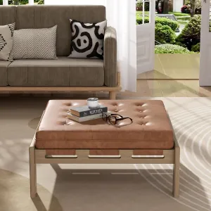 Merax 34'' Tufted Upholstered Cocktail Ottoman, Square Leather Ottoman Coffee Table, PU Leather Ottoman for Living Room, Bedroom, Office,Reddish Brown
