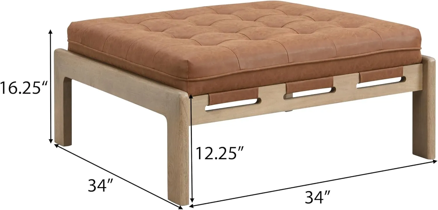 Merax 34'' Tufted Upholstered Cocktail Ottoman, Square Leather Ottoman Coffee Table, PU Leather Ottoman for Living Room, Bedroom, Office,Reddish Brown