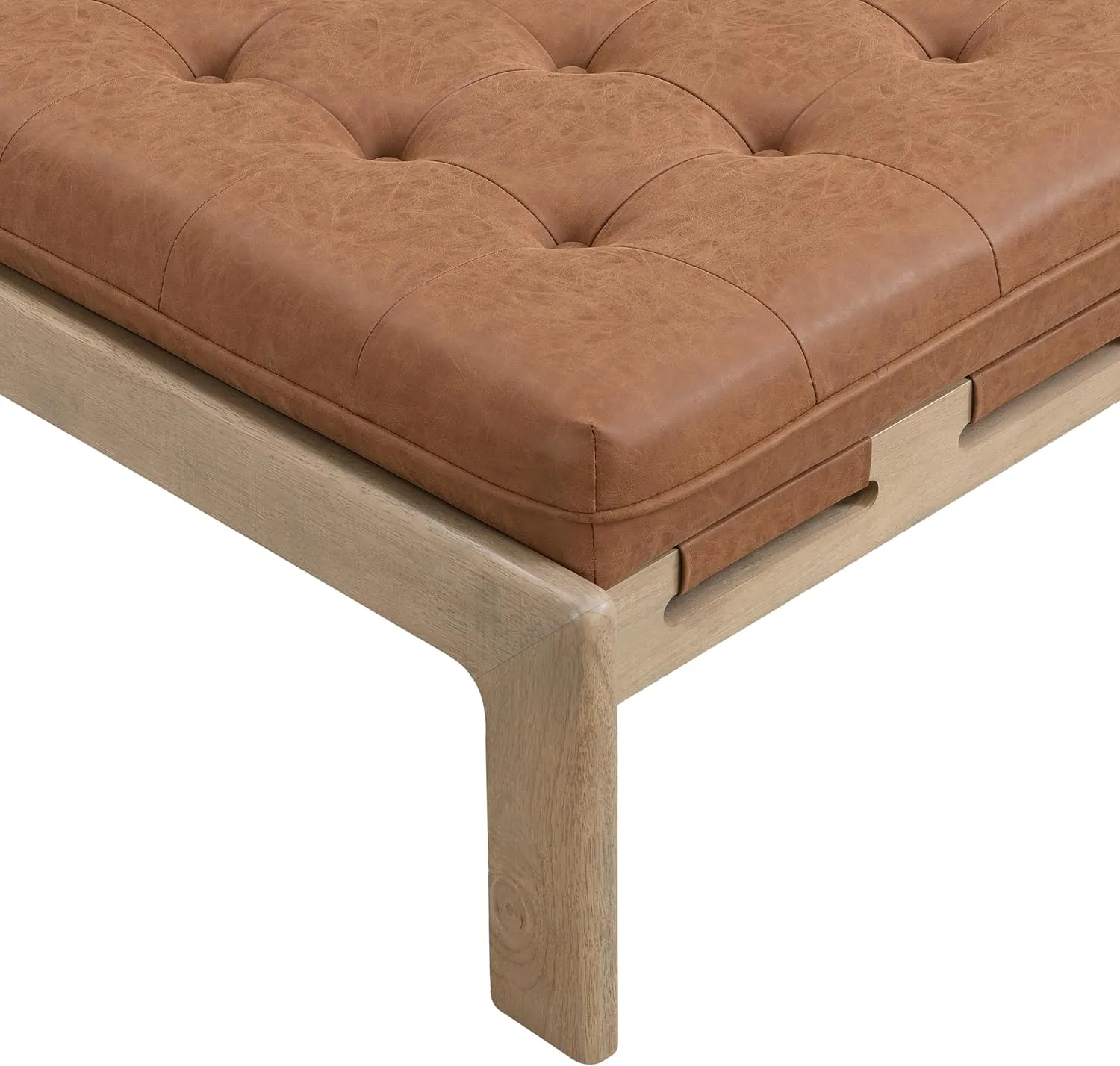 Merax 34'' Tufted Upholstered Cocktail Ottoman, Square Leather Ottoman Coffee Table, PU Leather Ottoman for Living Room, Bedroom, Office,Reddish Brown