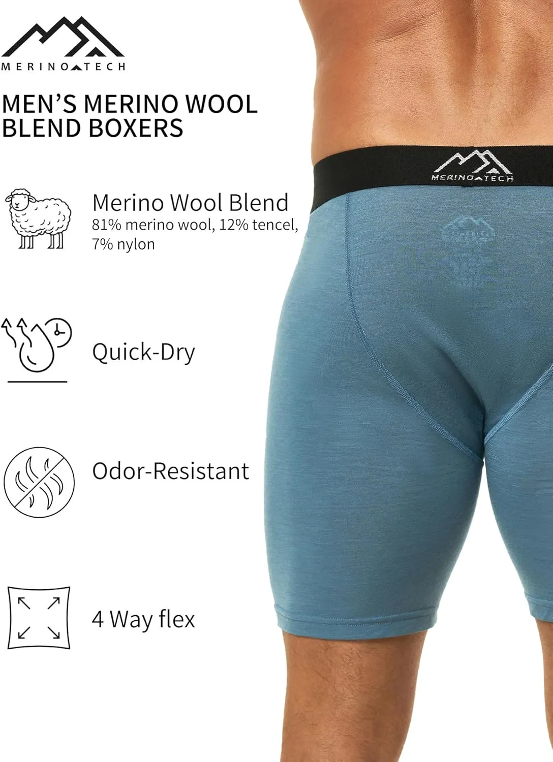 Merino.tech Merino Wool Boxer Briefs Men - Merino Wool Underwear Breathable Dry Fit Comfy Sports Base Layer for Men