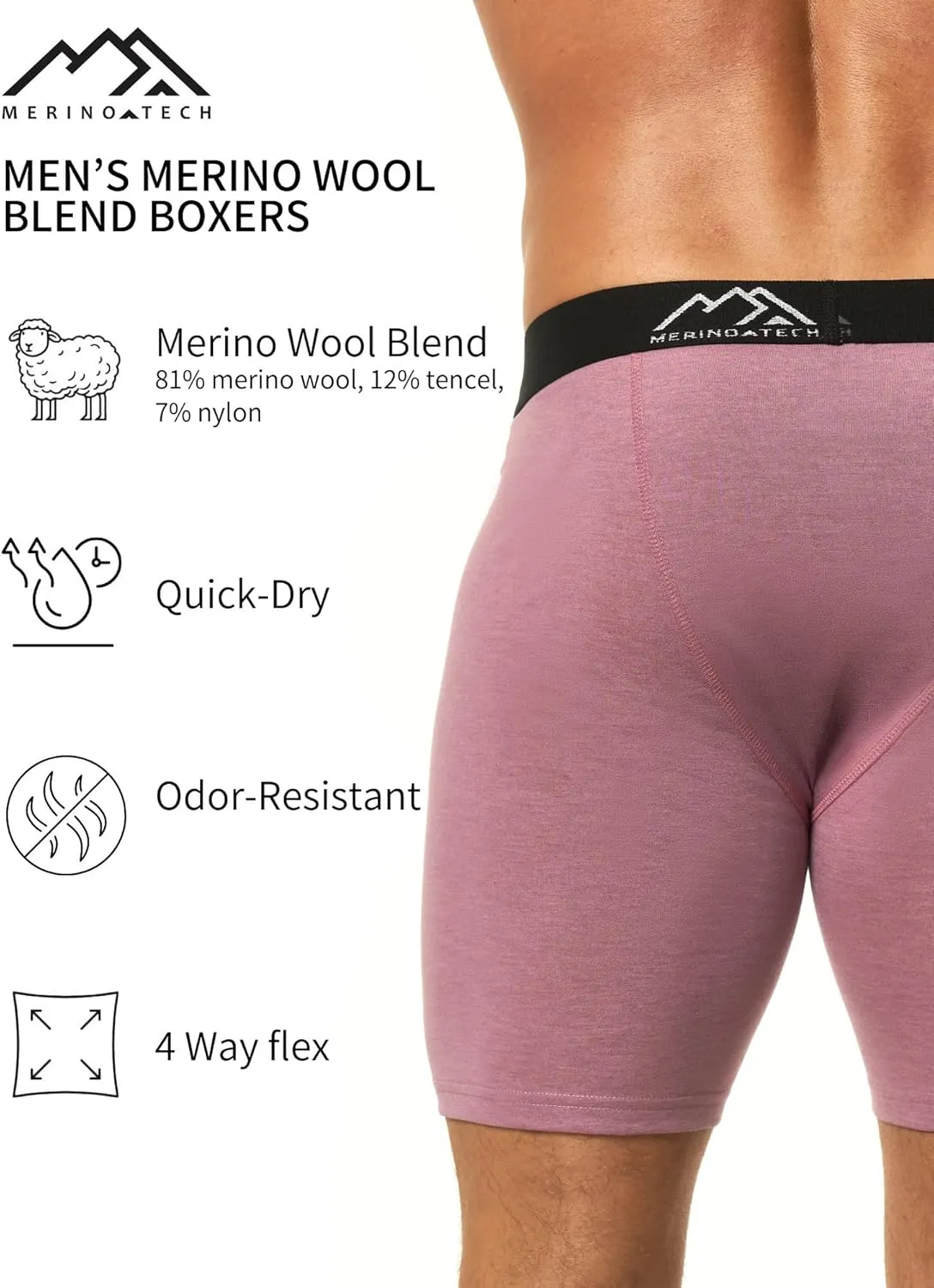 Merino.tech Merino Wool Boxer Briefs Men - Merino Wool Underwear Breathable Dry Fit Comfy Sports Base Layer for Men