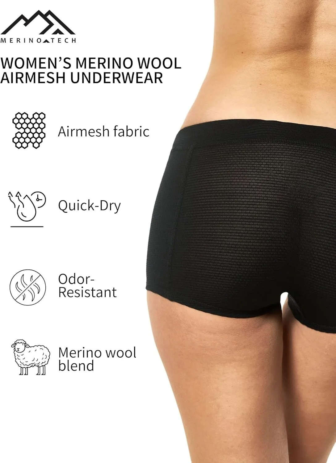 Merino.tech Merino Wool Underwear Women Boxer Briefs Breathable Boy Shorts Dry Fit Base Layer for Women