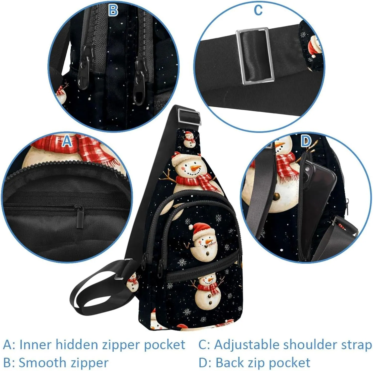 Merry Christmas Snowman Crossbody Bag with Adjustable Shoulder Strap, Shoulder Bag for Men and Women Sling Backpack for Travel, Cycling, Work, Sport