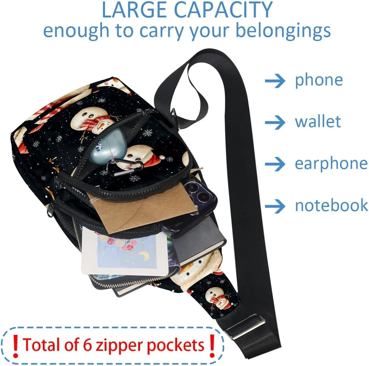 Merry Christmas Snowman Crossbody Bag with Adjustable Shoulder Strap, Shoulder Bag for Men and Women Sling Backpack for Travel, Cycling, Work, Sport
