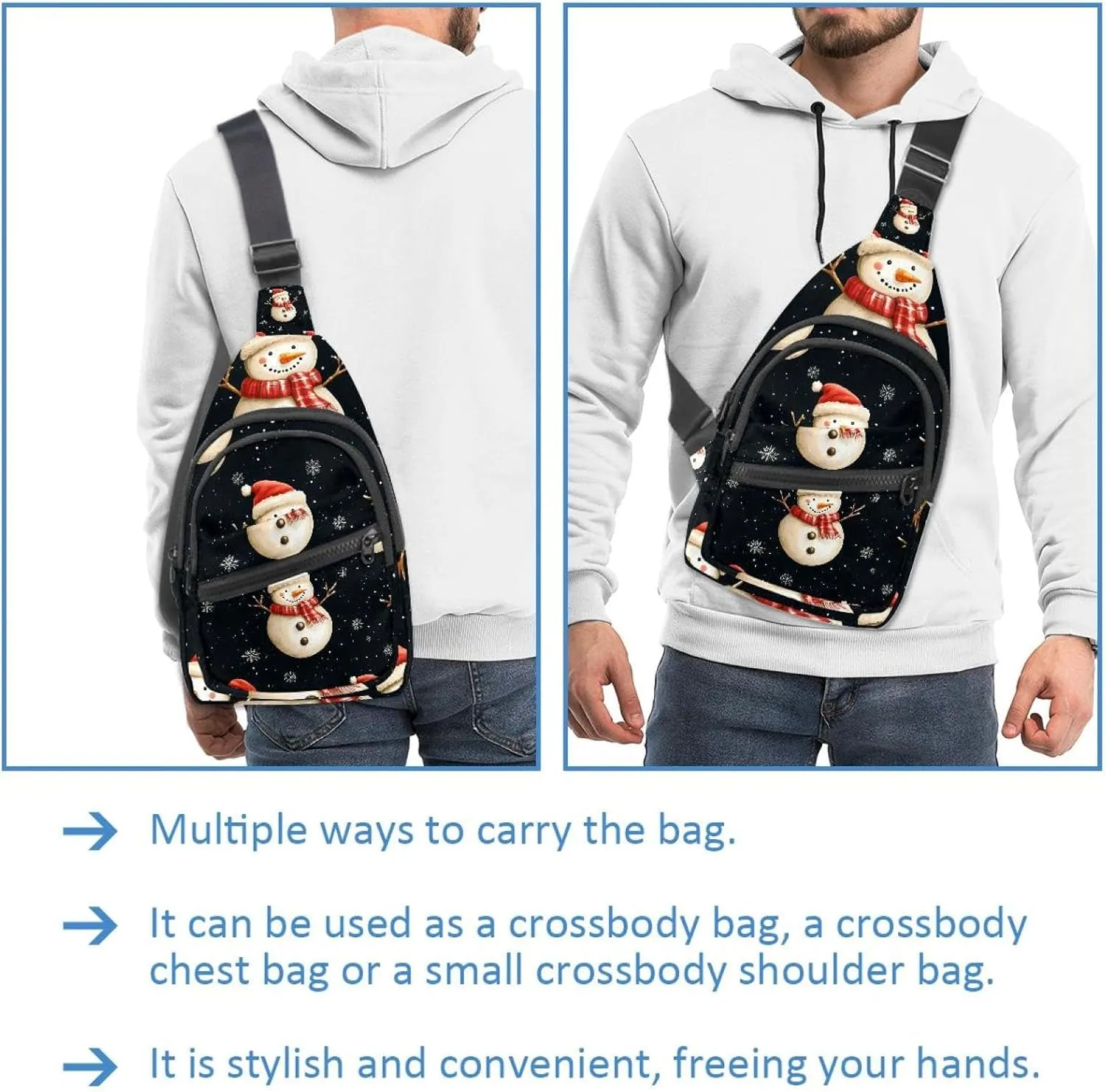 Merry Christmas Snowman Crossbody Bag with Adjustable Shoulder Strap, Shoulder Bag for Men and Women Sling Backpack for Travel, Cycling, Work, Sport