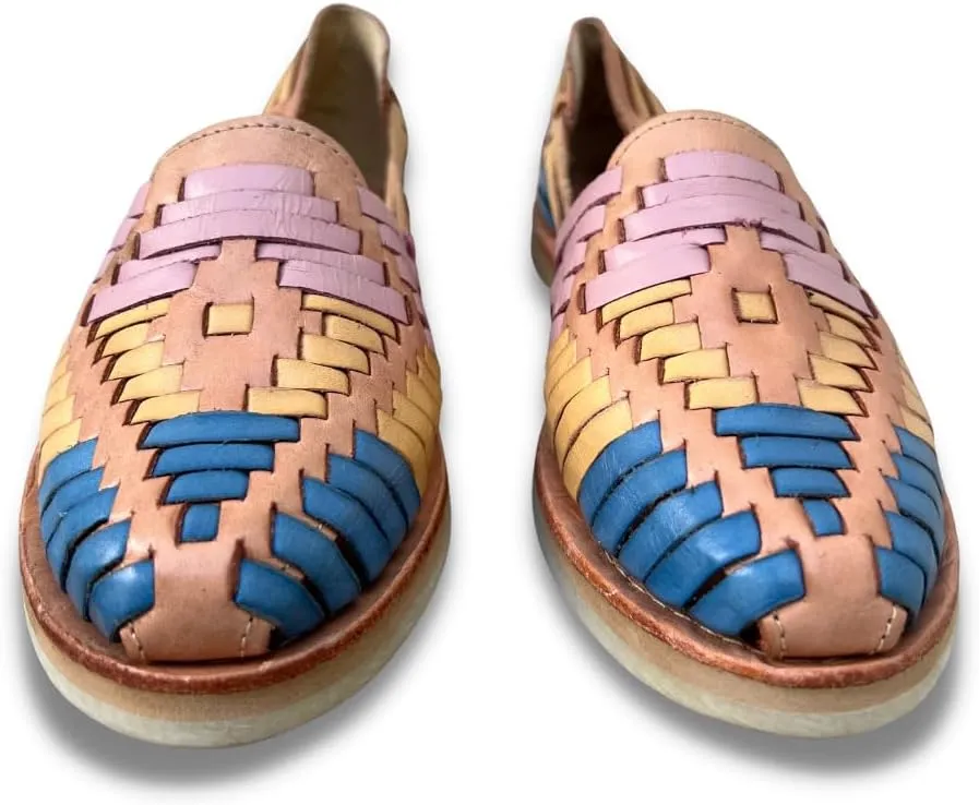 Mexico en la Piel Women's Huarache Sandals - Genuine Leather, Handcrafted Slip-On Flats with Two-Tone Interwoven Design, Lightweight, Comfortable