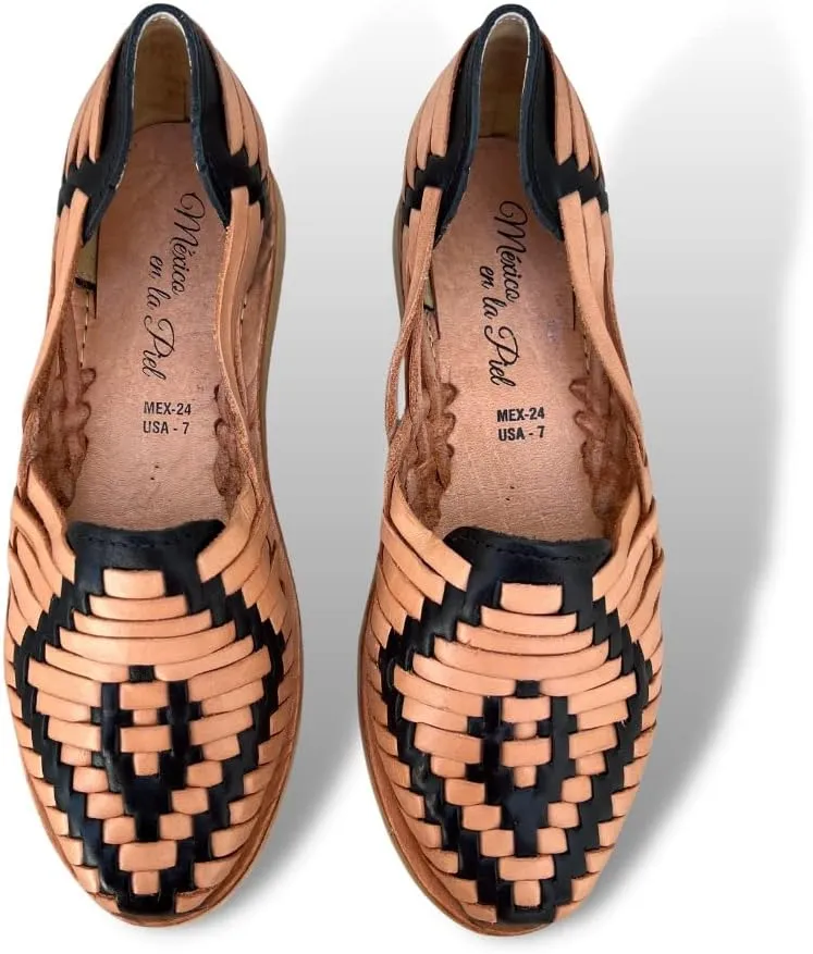 Mexico en la Piel Women's Huarache Sandals - Genuine Leather, Handcrafted Slip-On Flats with Two-Tone Interwoven Design, Lightweight, Comfortable