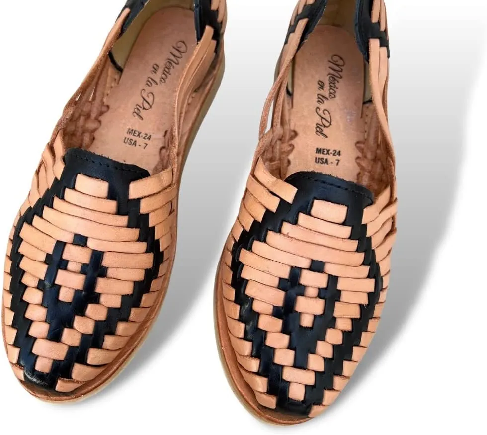 Mexico en la Piel Women's Huarache Sandals - Genuine Leather, Handcrafted Slip-On Flats with Two-Tone Interwoven Design, Lightweight, Comfortable