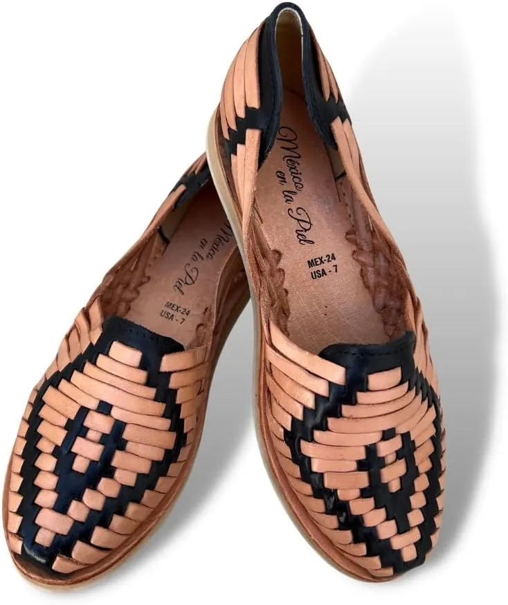 Mexico en la Piel Women's Huarache Sandals - Genuine Leather, Handcrafted Slip-On Flats with Two-Tone Interwoven Design, Lightweight, Comfortable