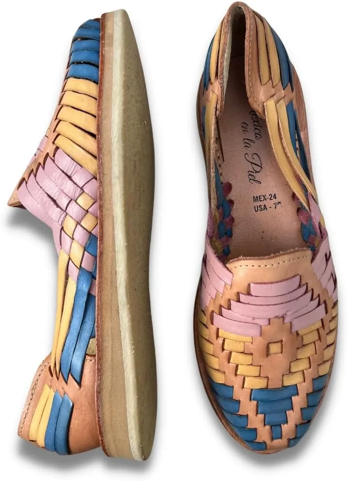 Mexico en la Piel Women's Huarache Sandals - Genuine Leather, Handcrafted Slip-On Flats with Two-Tone Interwoven Design, Lightweight, Comfortable