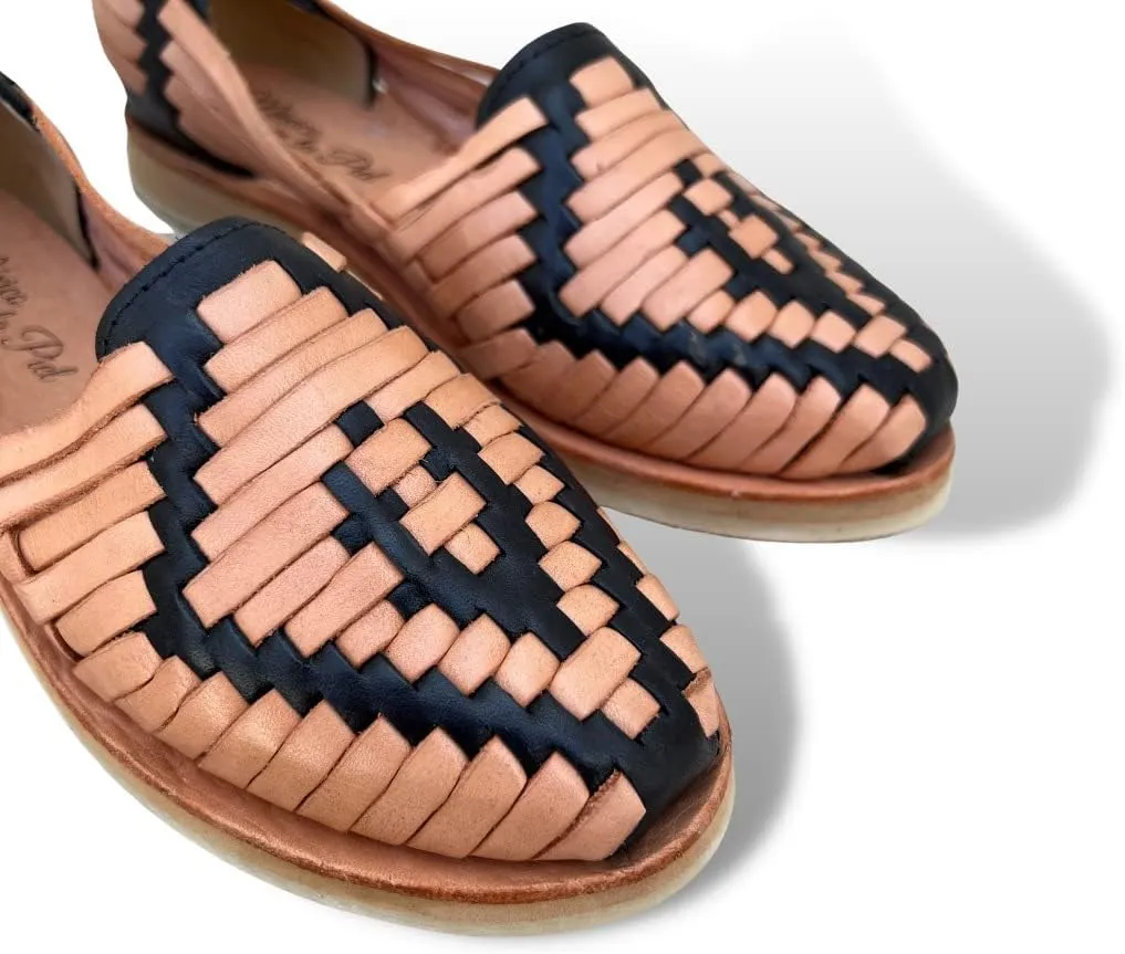 Mexico en la Piel Women's Huarache Sandals - Genuine Leather, Handcrafted Slip-On Flats with Two-Tone Interwoven Design, Lightweight, Comfortable