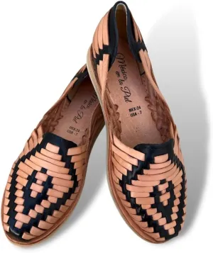 Mexico en la Piel Women's Huarache Sandals - Genuine Leather, Handcrafted Slip-On Flats with Two-Tone Interwoven Design, Lightweight, Comfortable