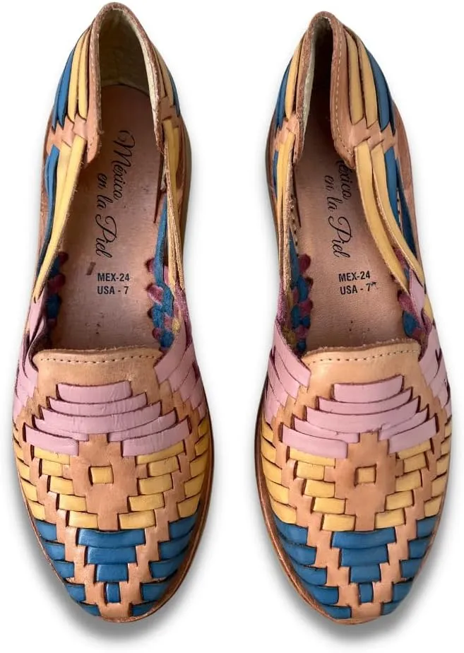 Mexico en la Piel Women's Huarache Sandals - Genuine Leather, Handcrafted Slip-On Flats with Two-Tone Interwoven Design, Lightweight, Comfortable