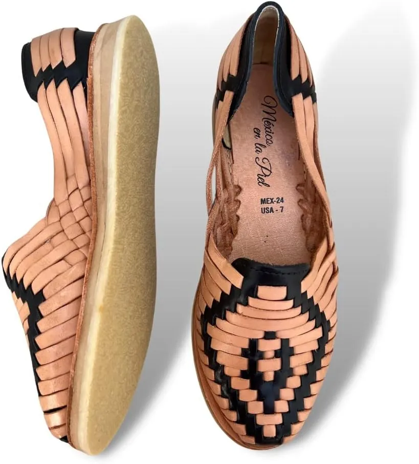 Mexico en la Piel Women's Huarache Sandals - Genuine Leather, Handcrafted Slip-On Flats with Two-Tone Interwoven Design, Lightweight, Comfortable