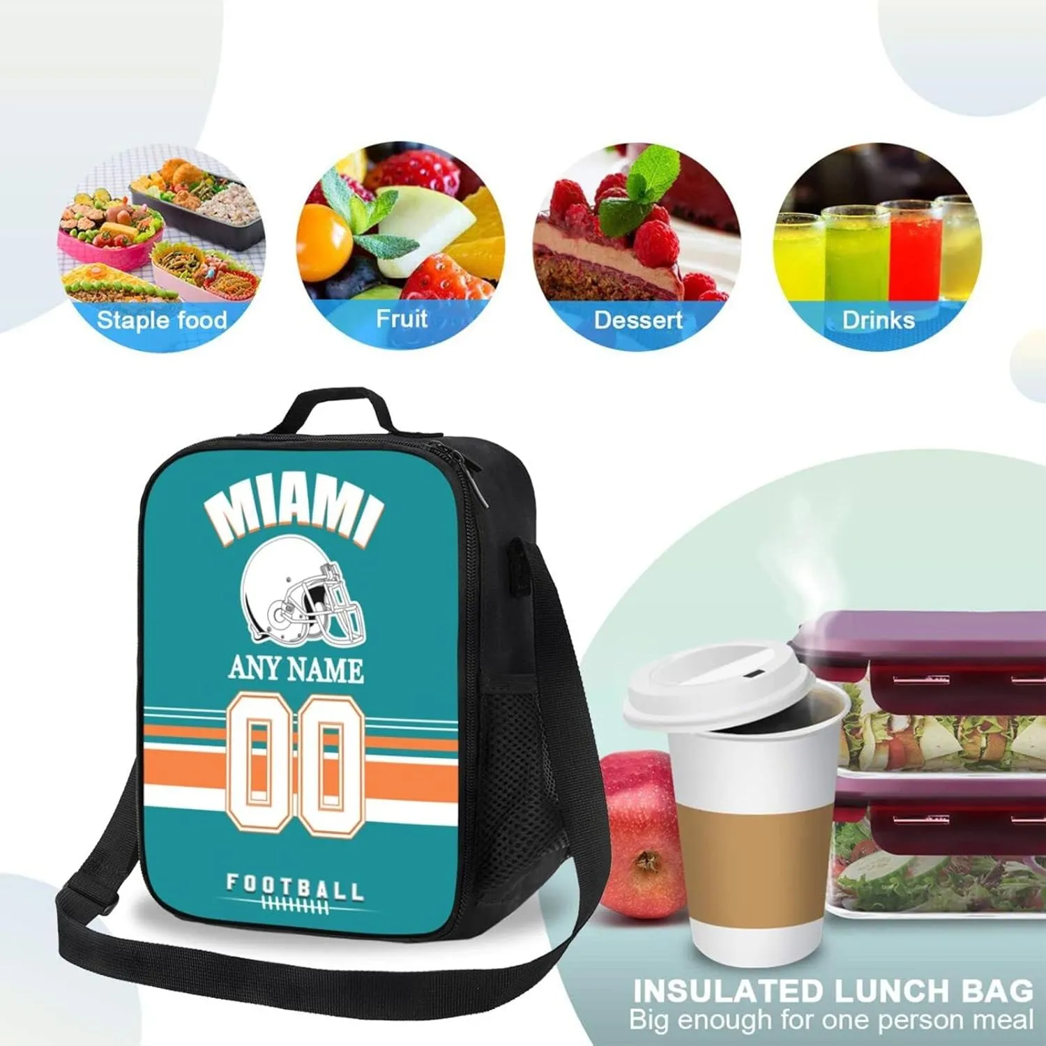 Miami Lunch Box Custom Lunch Bag Personalized Name and Number Adjustable Strap Sport Insulated Lunch Tote Gifts For Fans Men Women