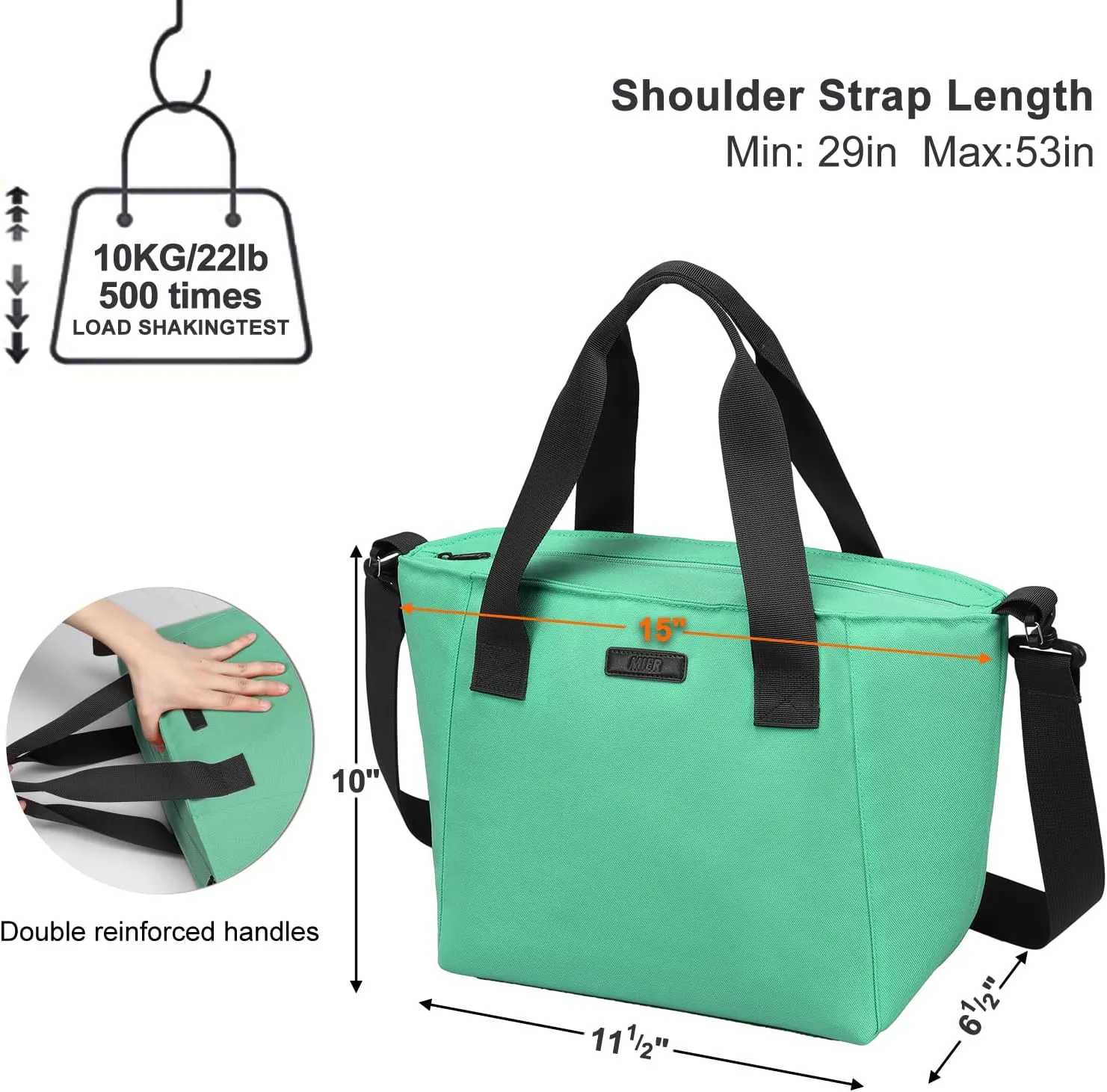 MIER Lunch Bags for Women Large Insulated Lunch Tote Bag Lunchbox Container for Work College Travel Beach, Adjustable Shoulder Strap, Lake Green