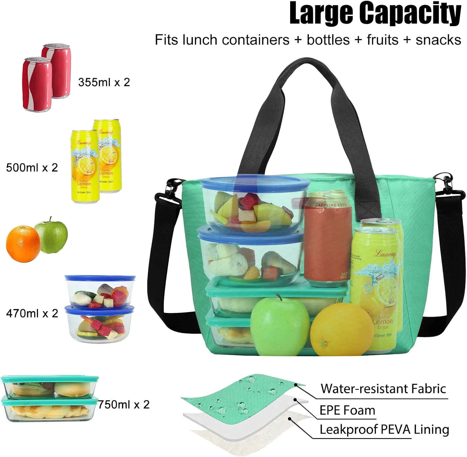 MIER Lunch Bags for Women Large Insulated Lunch Tote Bag Lunchbox Container for Work College Travel Beach, Adjustable Shoulder Strap, Lake Green