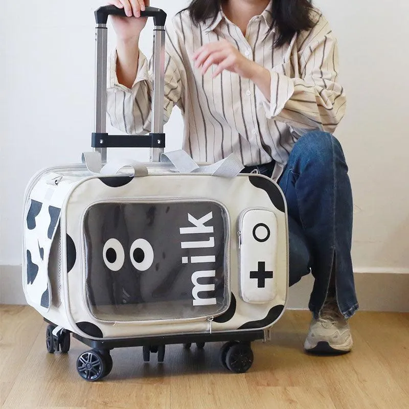 Milk Cow Cat Carrier With Wheels Trolley Tote
