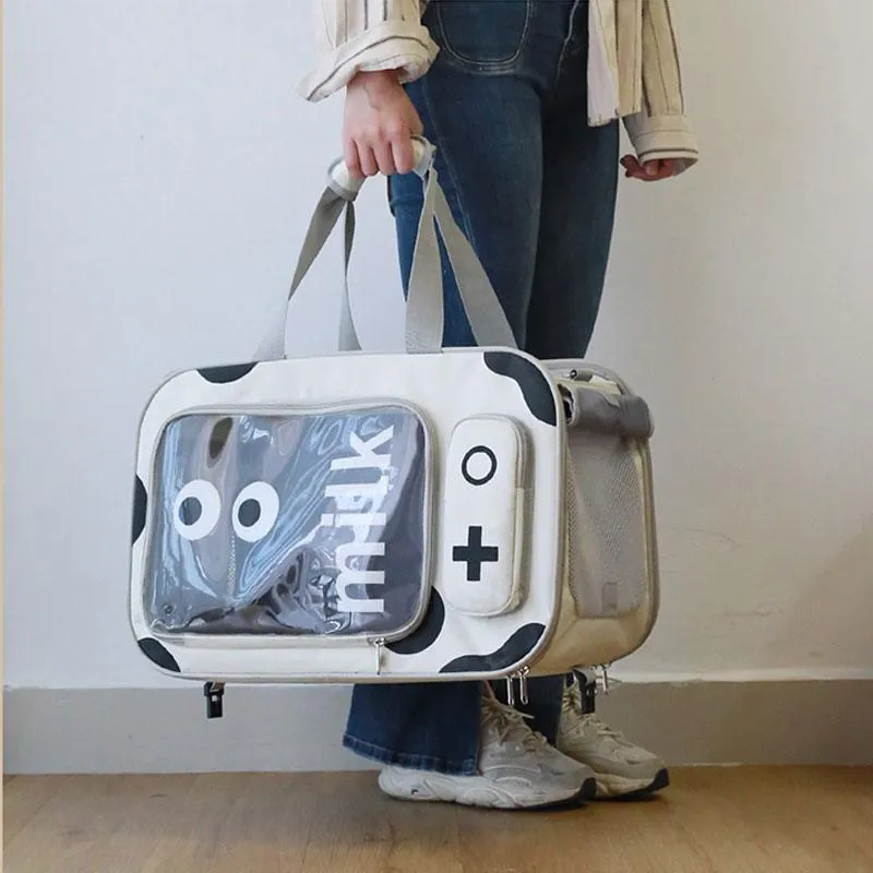Milk Cow Cat Carrier With Wheels Trolley Tote