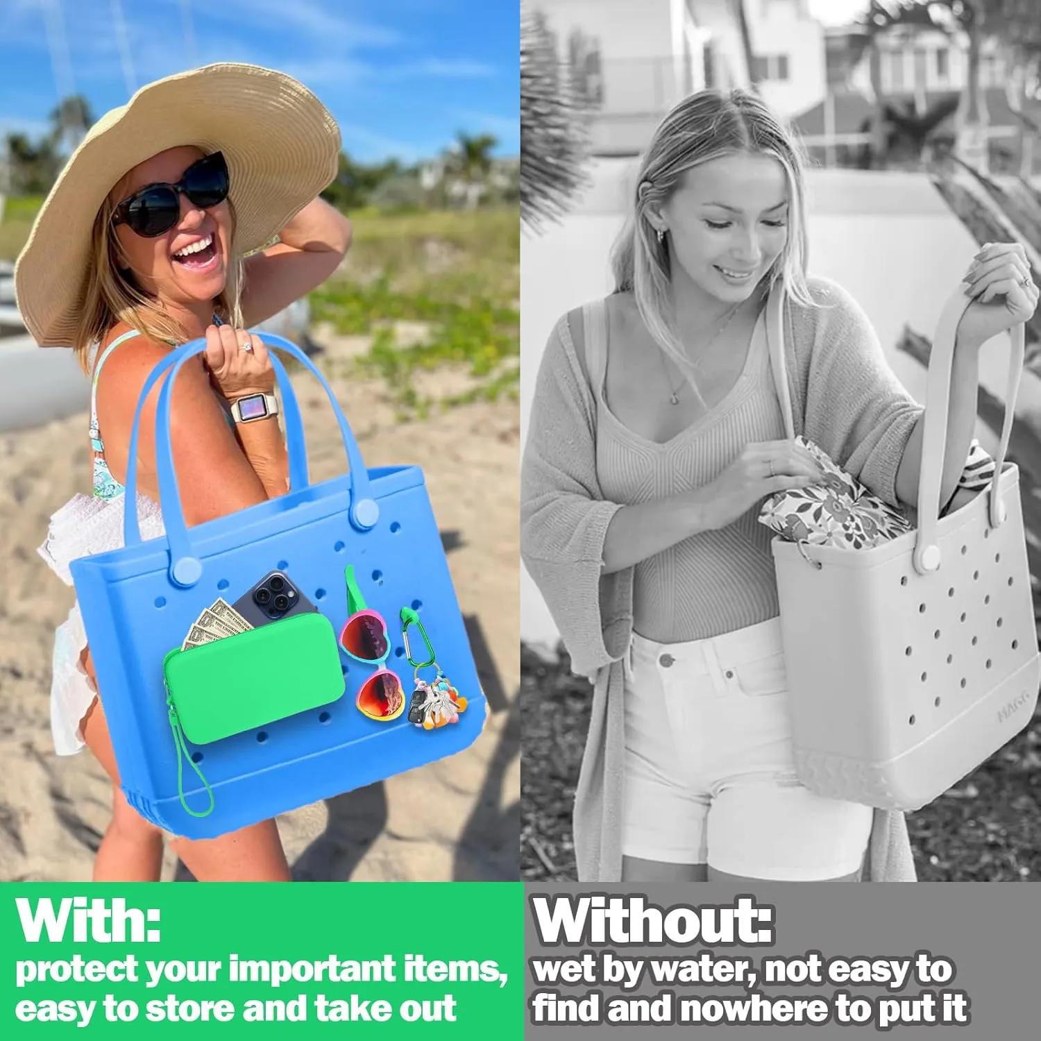 Mity rain Silicone Organizer for Bogg Bag Phone Holder, Accessories Set for Bogg Bag Contain 2PCS Key Holder and a Large Capacity Silicone Zipper Bag for Beach Bags Tote Bag(Green)