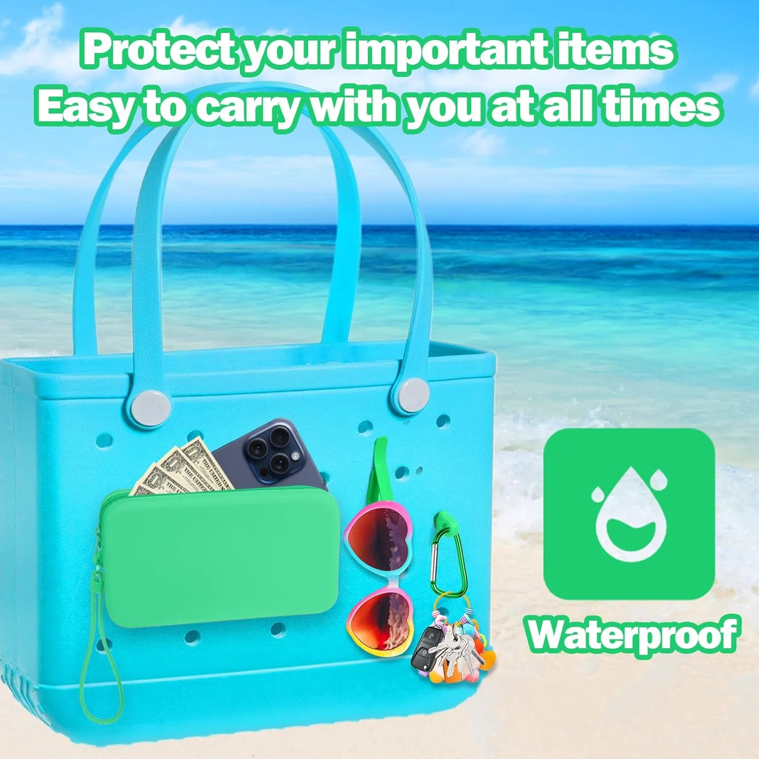 Mity rain Silicone Organizer for Bogg Bag Phone Holder, Accessories Set for Bogg Bag Contain 2PCS Key Holder and a Large Capacity Silicone Zipper Bag for Beach Bags Tote Bag(Green)