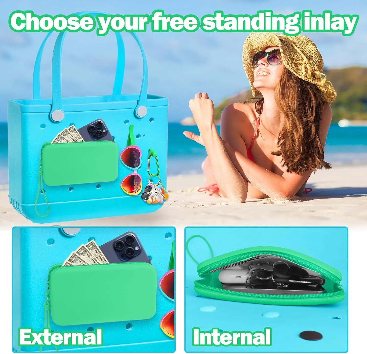 Mity rain Silicone Organizer for Bogg Bag Phone Holder, Accessories Set for Bogg Bag Contain 2PCS Key Holder and a Large Capacity Silicone Zipper Bag for Beach Bags Tote Bag(Green)