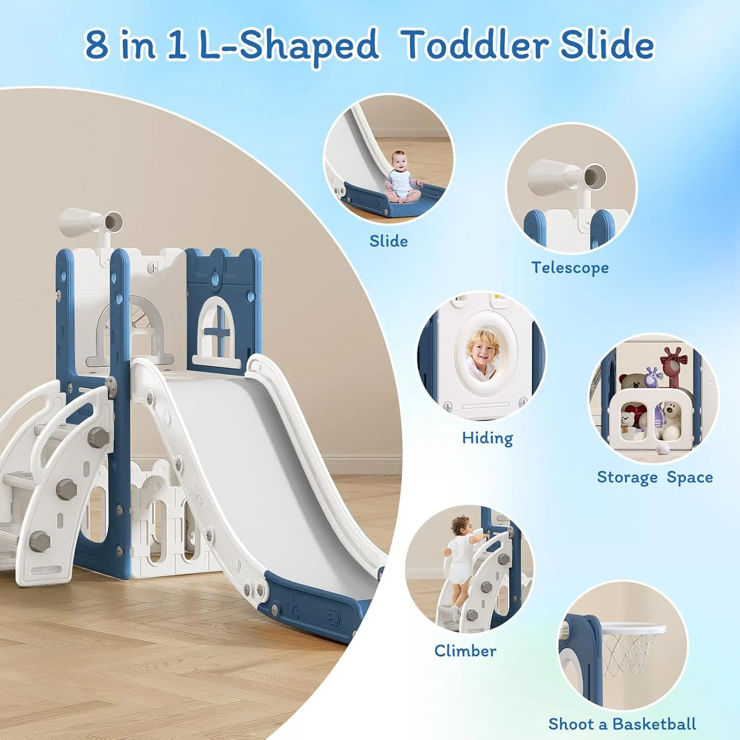 MOCUTEEN 6 in 1 Toddler Slide,Baby Playset for Indoor Outdoor Playground with Basketball Hoop,Storage and Telescope,Climbing Toys for Toddler Playground Playset