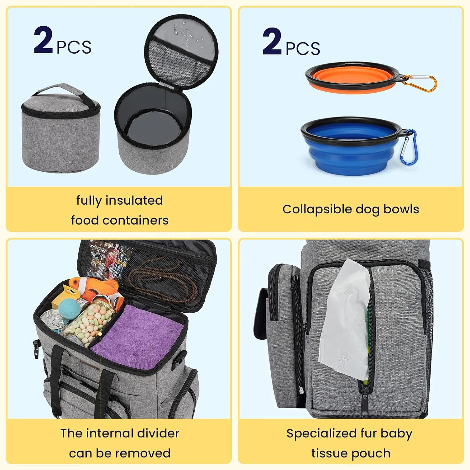 Modoker Dog Travel Organizer with 2 Collapsible Dog Bowls for Supplies & Accessories, Airline Approved Dog Tote Pet Travel Bag with 2 Travel Dog Food Container