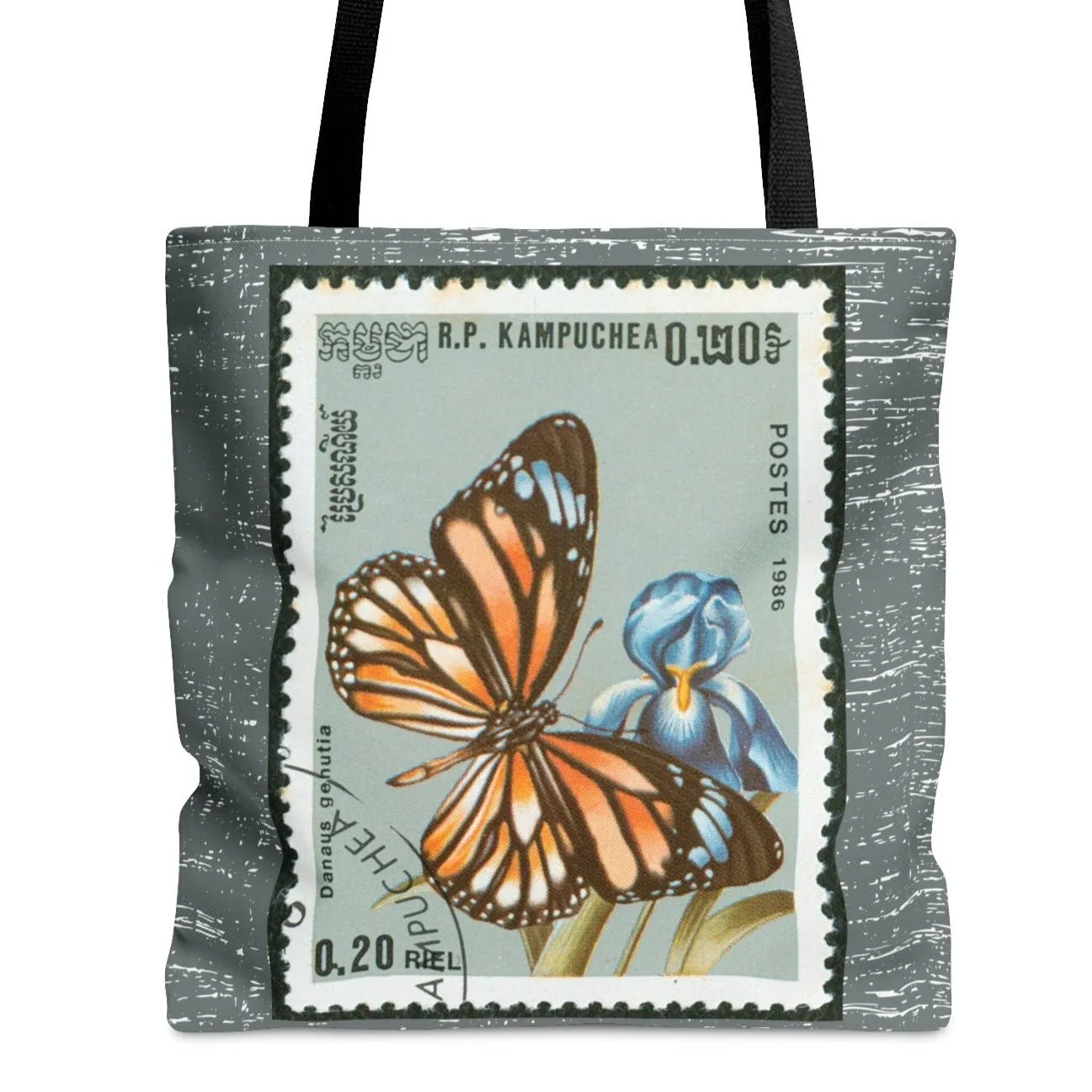 Monarch Butterfly Stamp Large Tote Bag - Graceful Insect Design on Light Charcoal Background