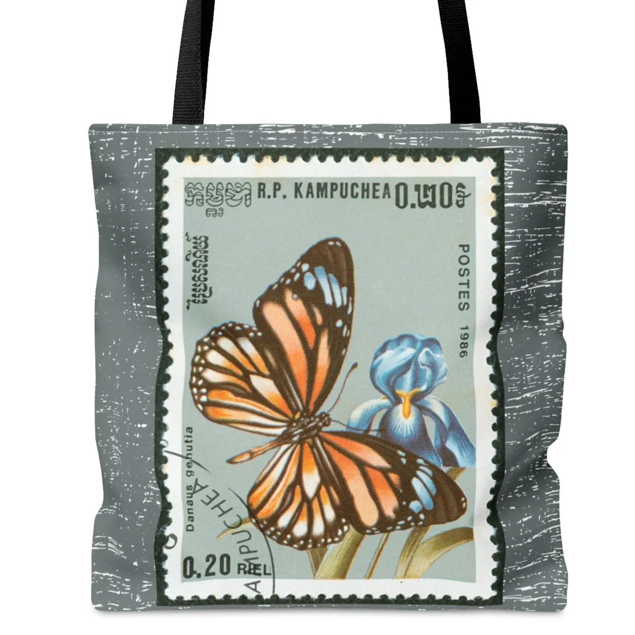Monarch Butterfly Stamp Large Tote Bag - Graceful Insect Design on Light Charcoal Background