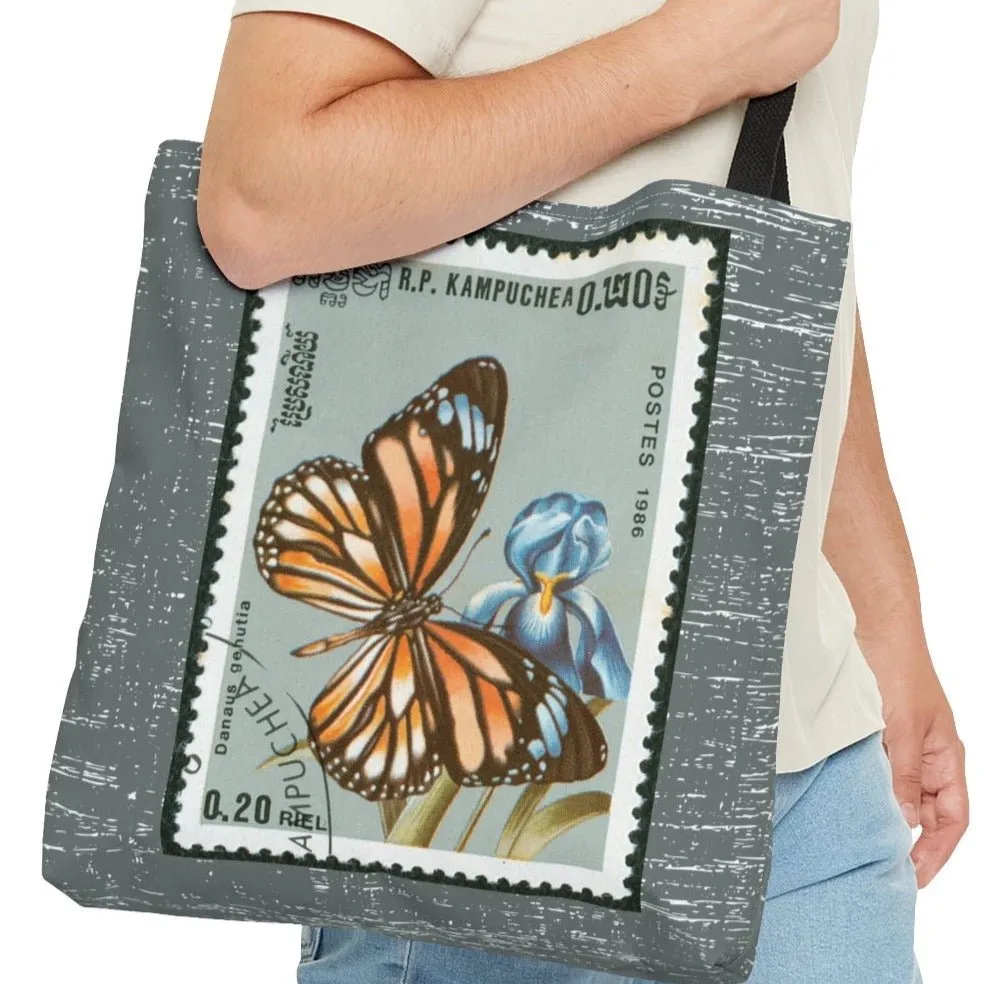 Monarch Butterfly Stamp Large Tote Bag - Graceful Insect Design on Light Charcoal Background