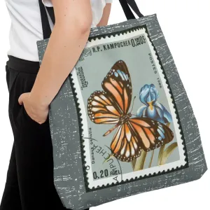 Monarch Butterfly Stamp Large Tote Bag - Graceful Insect Design on Light Charcoal Background