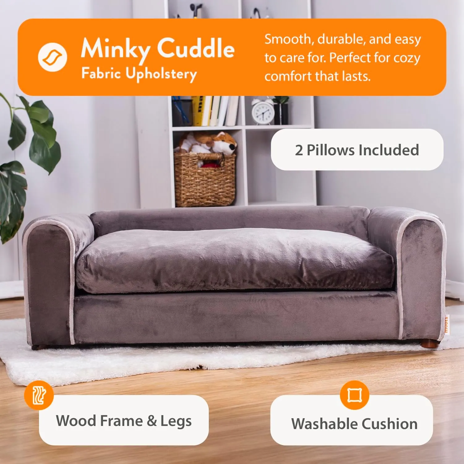 Moots Furry Pet Lounge, Pet Bed with 2 Pillows, Deluxe Sofa for Dogs, Easy to Coordinate, Stylish and Cleanable Dog Sofa, Couch - Charcoal, Large