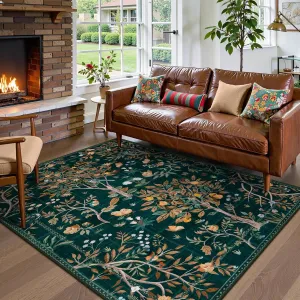 Morebes Boho Washable 5x7 Area Rugs, Dark Green Floral Rugs for Living Room Non Slip, Soft Botanical Indoor Floor Carpet for Kids Playroom Dining Room Bedroom Nursery Dorm