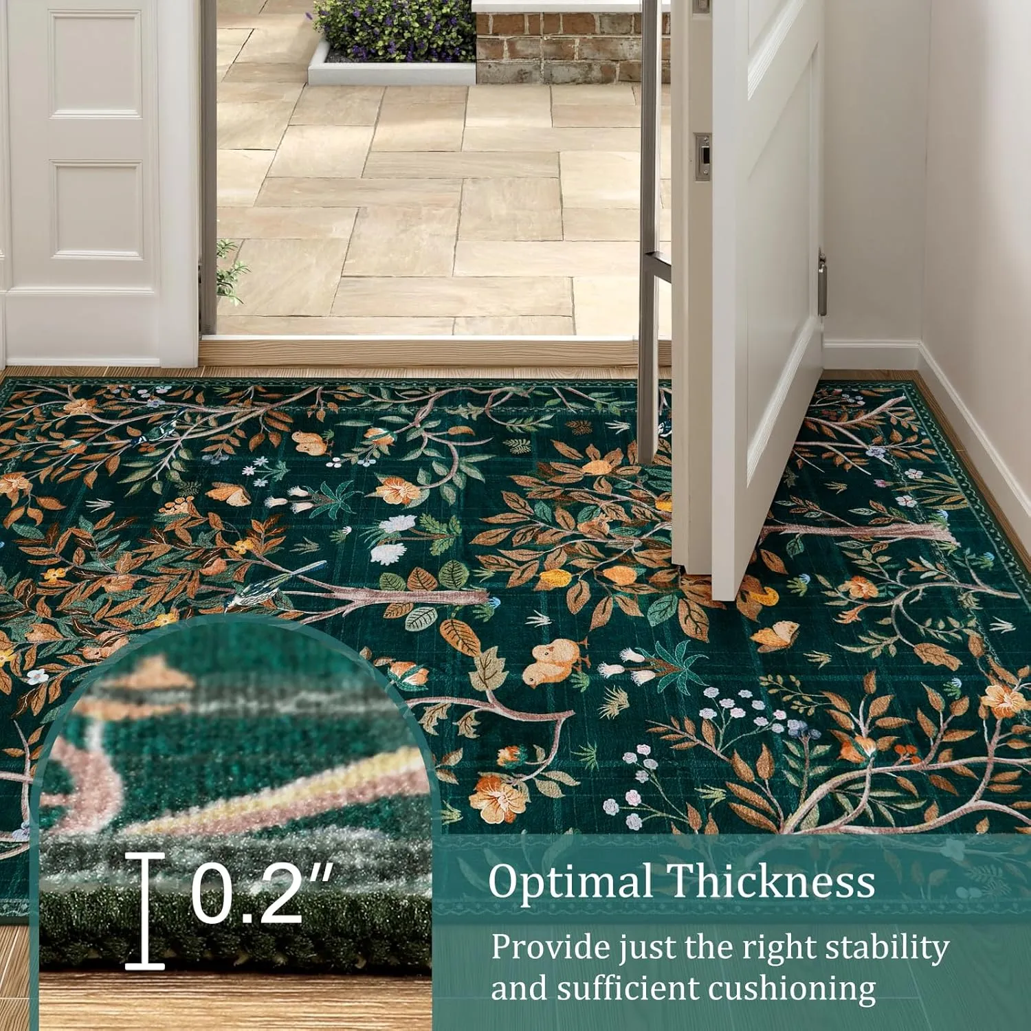 Morebes Boho Washable 5x7 Area Rugs, Dark Green Floral Rugs for Living Room Non Slip, Soft Botanical Indoor Floor Carpet for Kids Playroom Dining Room Bedroom Nursery Dorm